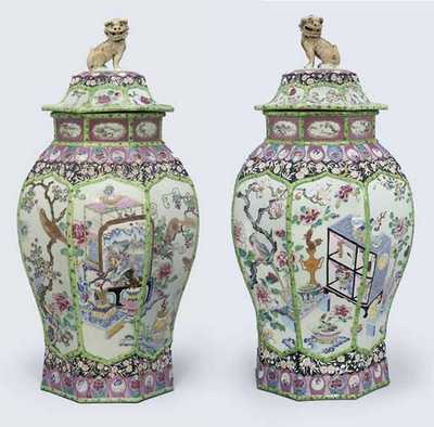 YONGZHENG (1723-35) A PAIR OF VERY FINE LARGE FAMILLE ROSE JARS AND COVERS